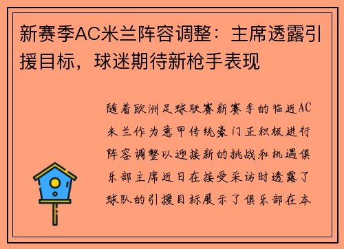 新赛季AC米兰阵容调整：主席透露引援目标，球迷期待新枪手表现