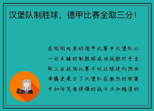 汉堡队制胜球，德甲比赛全取三分！