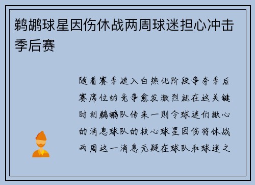 鹈鹕球星因伤休战两周球迷担心冲击季后赛