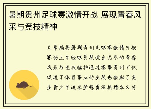 暑期贵州足球赛激情开战 展现青春风采与竞技精神