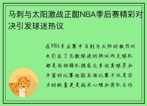 马刺与太阳激战正酣NBA季后赛精彩对决引发球迷热议