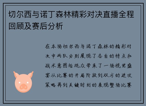 切尔西与诺丁森林精彩对决直播全程回顾及赛后分析