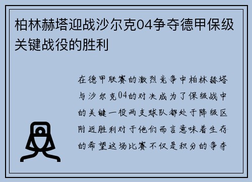 柏林赫塔迎战沙尔克04争夺德甲保级关键战役的胜利