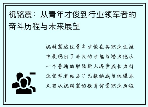 祝铭震：从青年才俊到行业领军者的奋斗历程与未来展望
