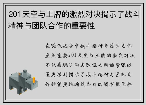 201天空与王牌的激烈对决揭示了战斗精神与团队合作的重要性