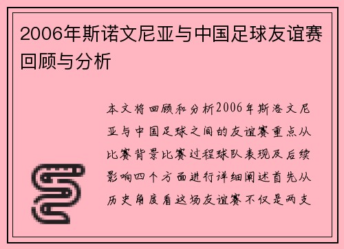 2006年斯诺文尼亚与中国足球友谊赛回顾与分析
