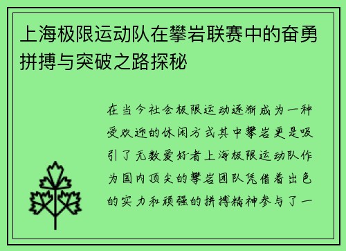 上海极限运动队在攀岩联赛中的奋勇拼搏与突破之路探秘