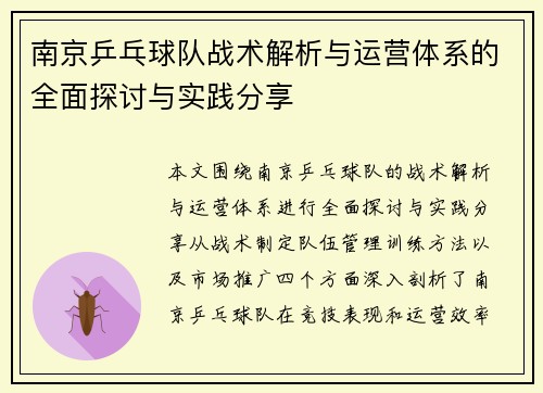 南京乒乓球队战术解析与运营体系的全面探讨与实践分享